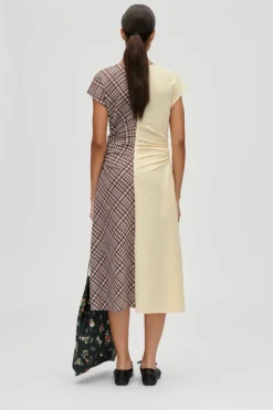 2118 Checkered Jersey, Ruched Waist Midi Dresssg-aw25-d156-2118