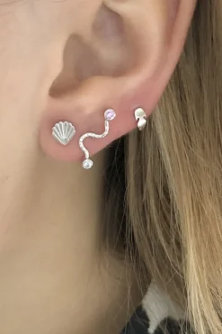 Big Wave Earring With Pastel Pink & Blue Stones Silver