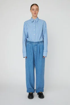 Washed Blue Mid-waist Pants With Scallop Edgewd54-6325