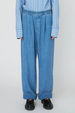 Washed Blue Mid-waist Pants With Scallop Edgewd54-6325